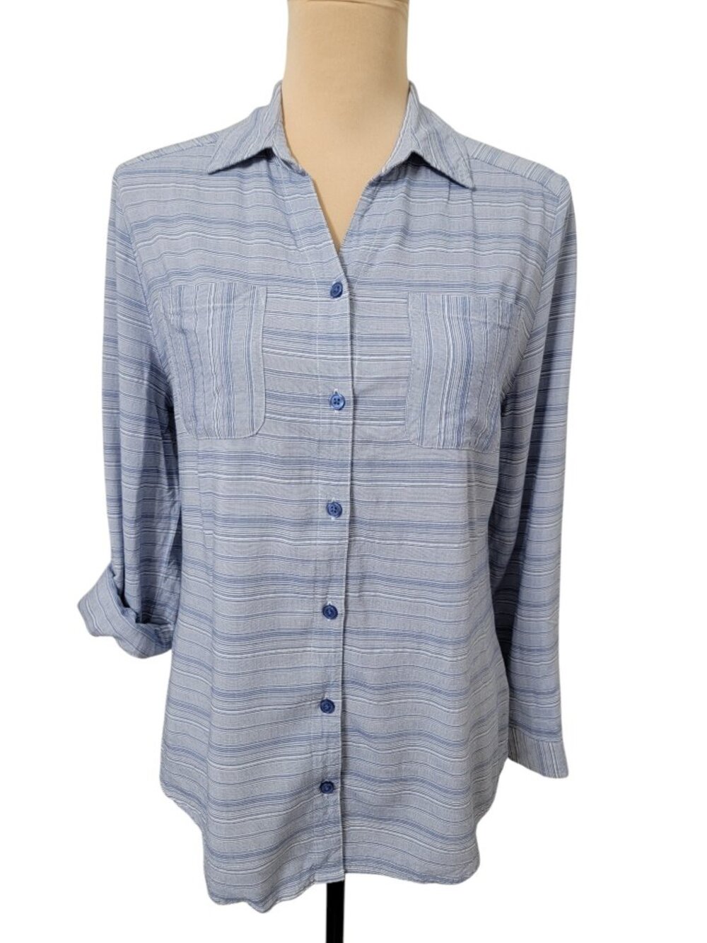 Chico's Size 1 (M / 8) Blue & White Long Sleeve Button Down Striped Shirt